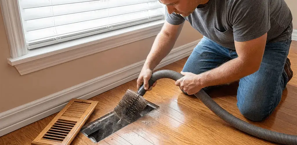 Air duct cleaning technician vacuuming a floor vent and duct opening in Sacramento, CA