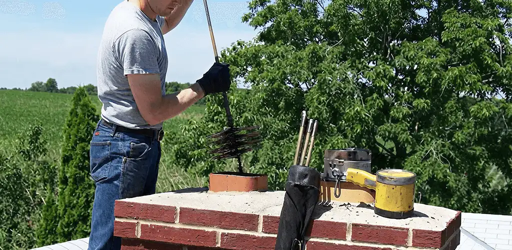Chimney cleaning technician working on a rooftop chimney with professional tools in Sacramento, CA