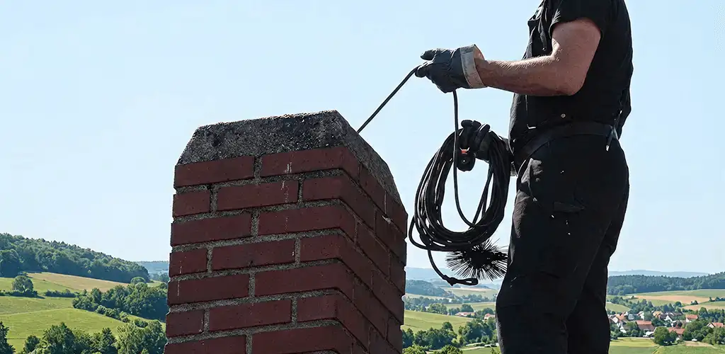 Chimney sweep inspecting and cleaning a rooftop chimney in Sacramento, CA