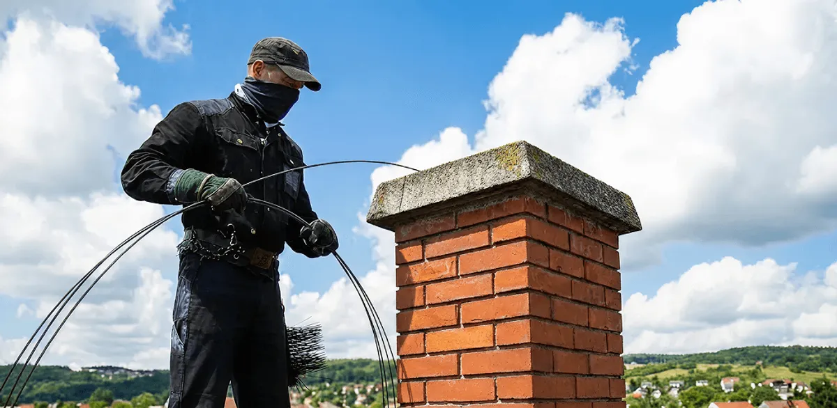 Chimney sweep cleaning a brick chimney with professional tools in Sacramento, CA