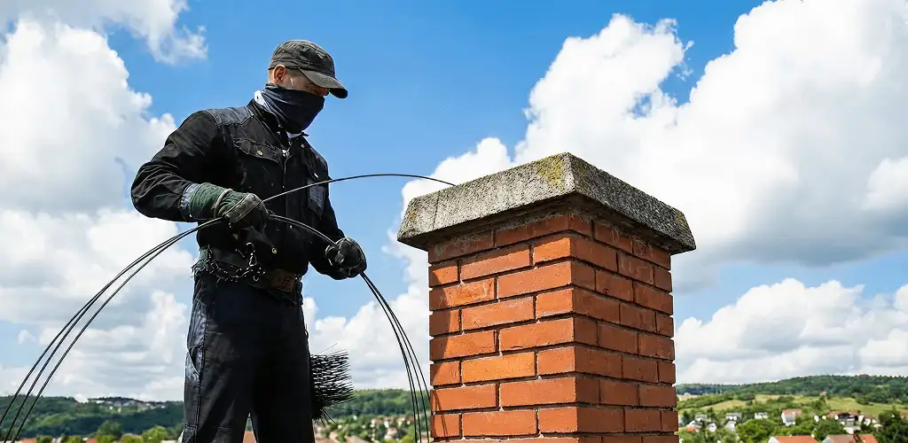Chimney sweep cleaning a brick chimney with professional tools in Sacramento, CA