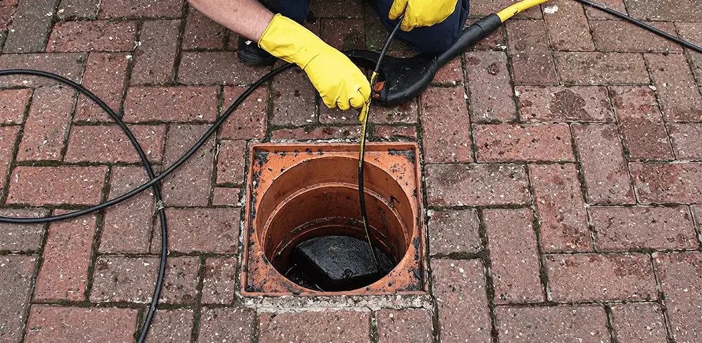 Drain cleaning technician using a drain snake to clear a clogged drain in Sacramento, CA