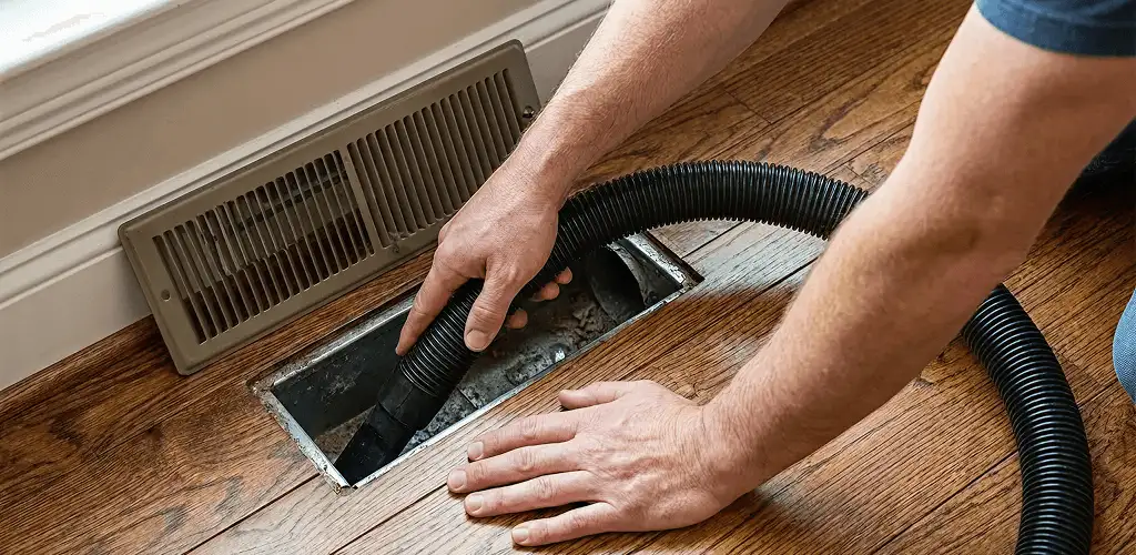 Air duct cleaning technician vacuuming a floor register and duct opening in Sacramento, CA