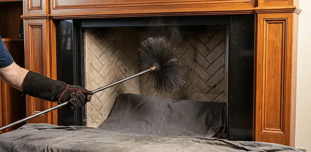Chimney cleaning service brushing soot from a fireplace and flue in Sacramento, CA