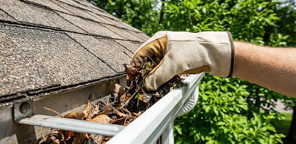 Gutter cleaning removing leaves and debris from roof gutters in Sacramento, CA