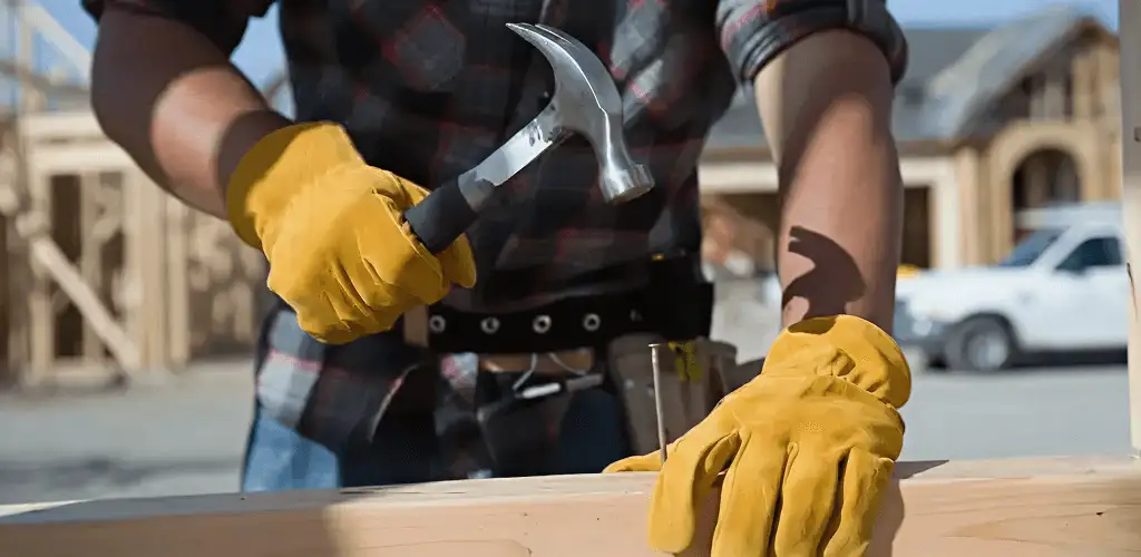 Handyman fixing wood trim with a hammer for home repairs in Sacramento, CA