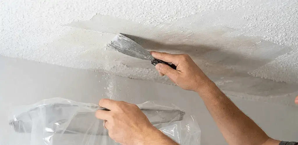 Popcorn ceiling removal technician scraping texture from a ceiling in Sacramento, CA