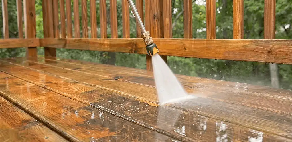 Pressure washing a wood deck to remove dirt and buildup in Sacramento, CA