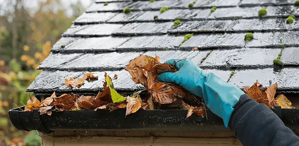 Gutter cleaning technician clearing wet leaves from roof gutters in Sacramento, CA