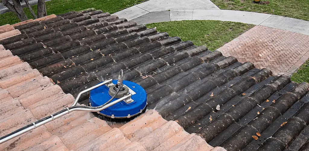 Roof pressure cleaning removing debris and buildup from roof tiles in Sacramento, CA