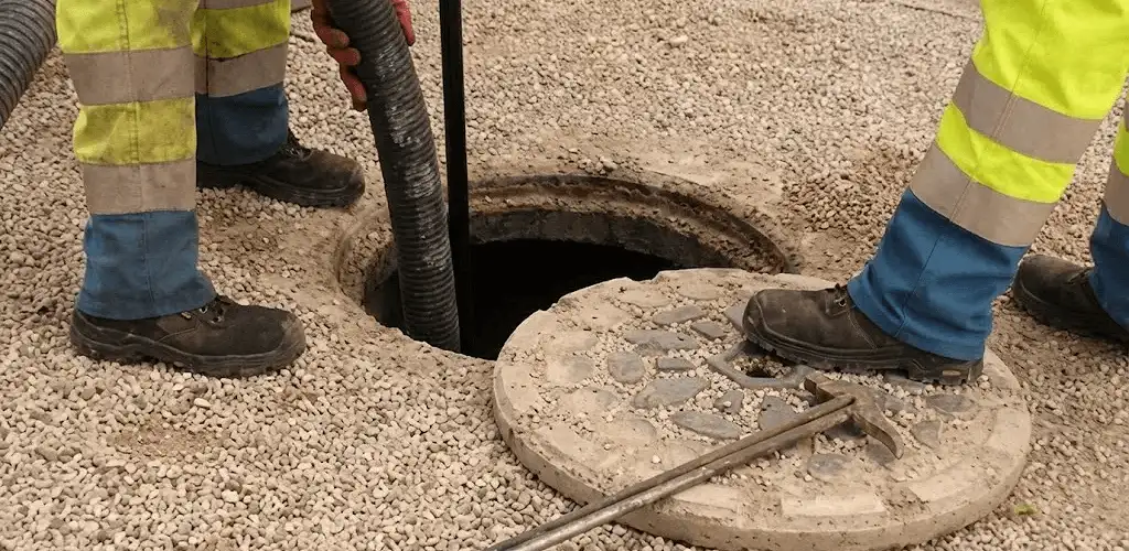 Drain cleaning crew clearing a sewer access point with professional equipment in Sacramento, CA