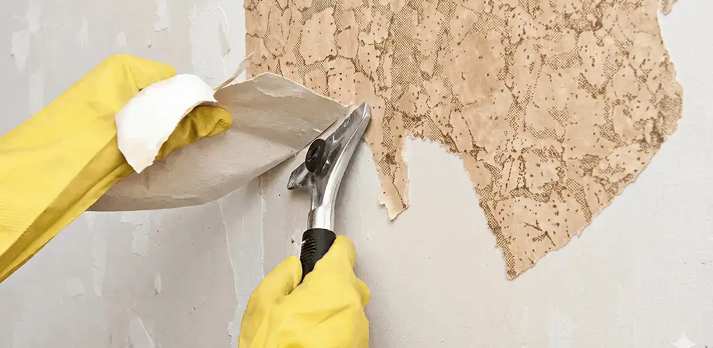 Wallpaper removal service stripping old wallpaper from a wall in Sacramento, CA